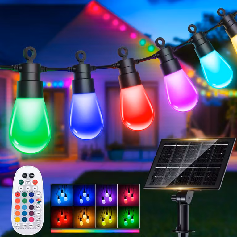 Catena luminosa solare da 17 metri, con LED RGB, grado di protezione IP65, con telecomando