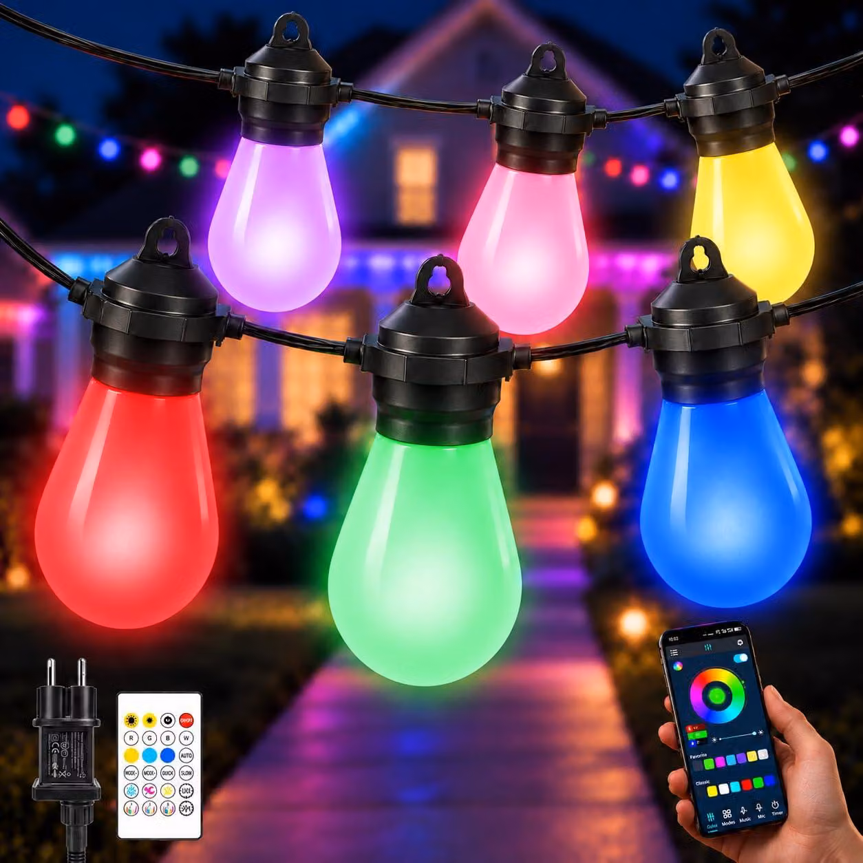 Catena luminosa LED per esterni, RGB, 20 metri, luci festive colorate