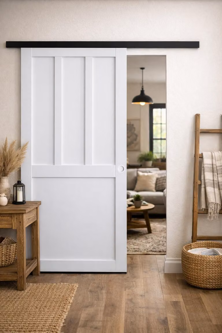 Porta scorrevole da laboratorio con 2 pannelli bianchi H204 x L73 cm, binario in alluminio con banda nera, conchiglie bianche GD MENUISERIES