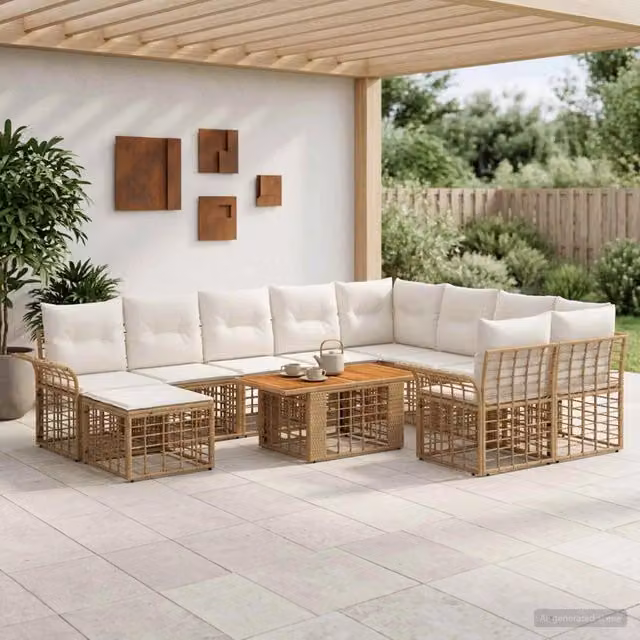 Set Divano da Giardino Moderno vidaXL in Polyrattan 11 Pezzi con Cuscini Beige e Bianco