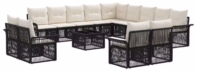 Set Divano da Giardino 14 pcs Nero e Bianco Crema polyrattan