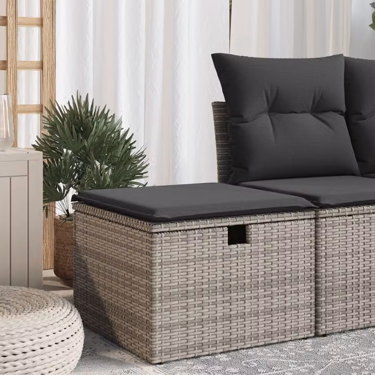 Sgabello da giardino vidaXL in polyrattan grigio con cuscino, L/P/H: 55 x 55 x 37 cm