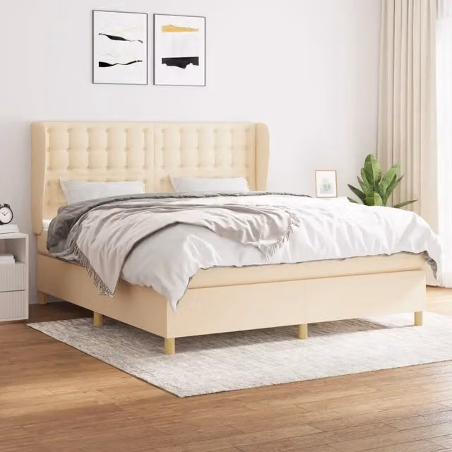 Letto Ibrido vidaXL con Giroletto a Molle e Materasso in Tessuto Beige e Bianco L/P/H: 160 x 200 x 40 cm