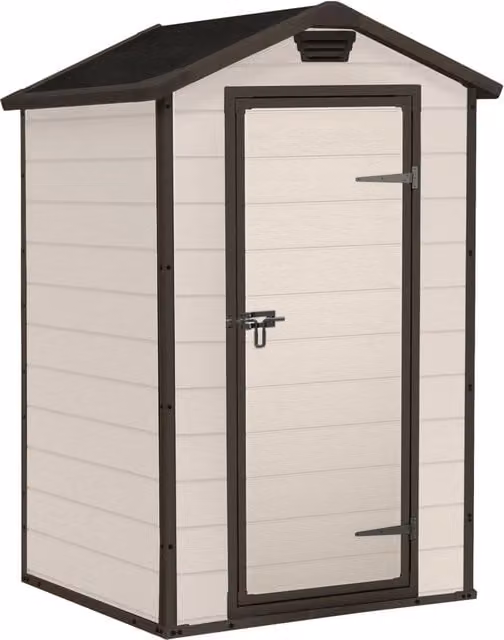 Manor 4x3 - Casetta da Giardino 129x196x103 cm 1 Anta per deposito attrezzi fini-tura effetto legno graffiato in Resina Beige