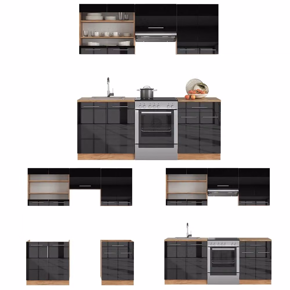Cucina componibile moderna Vicco Fame-Line Antracite lucido e Rovere dorato L: 200 cm – 2
