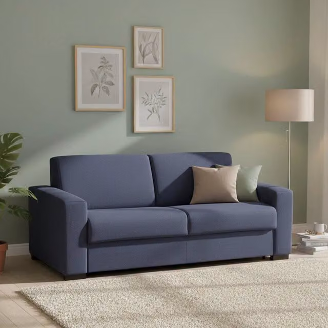 Divano Letto Akito Talamo Italia, Sofà 2 Posti con Apertura Girevole e Braccioli Slim, Rivestimento in Tessuto Blu, L: 180 cm, P: 95 cm, H: 90 cm