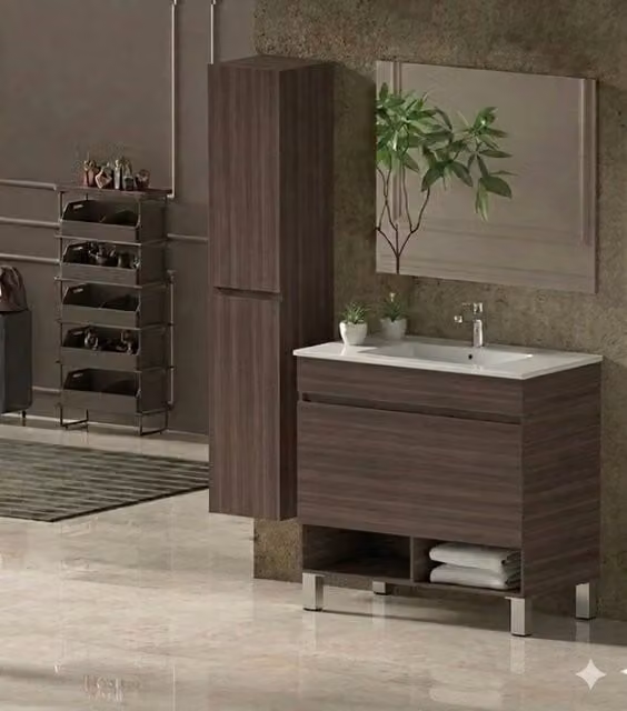 Mobile Bagno NEBARI com gambe Già Montato 1 cassetto, lavabo e specchio Frassino tea 100x45 cm con colonna