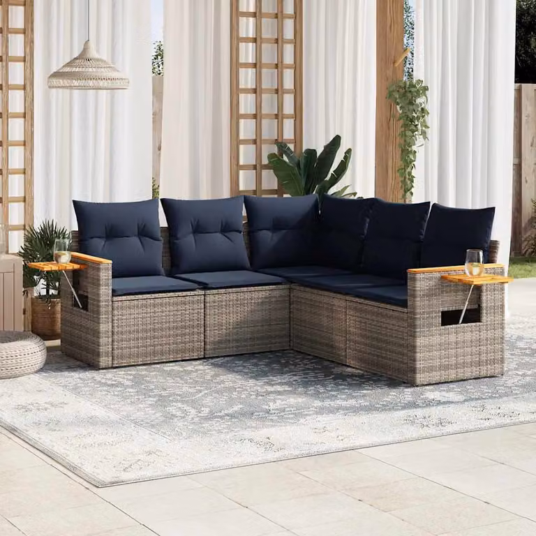 Set di divani da giardino vidaXL a forma di L composto da 5 pezzi con cuscini e tavolino, in polyrattan grigio con struttura in legno di acacia e metallo