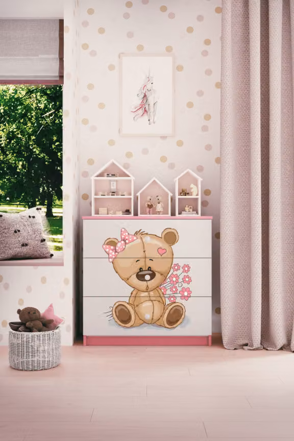 Cassettiera per bambini con cassettiera orsetto fiori nel colore rosa Babydreams