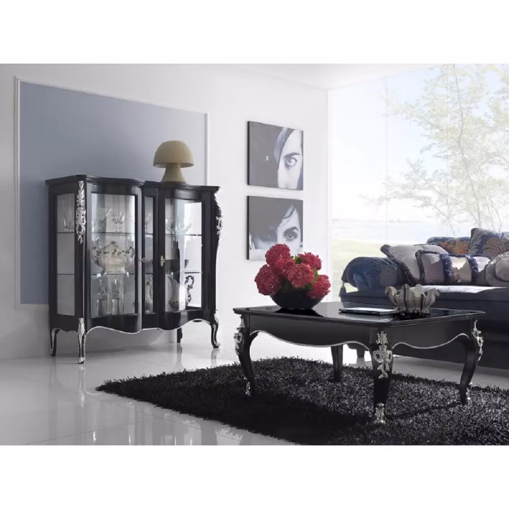 Vetrina intagliata con 2 ante in vetro e ripiani interni in legno laccato nero e argento Mobili 2G L/P/H: 141 x 48 x 130 cm – 2