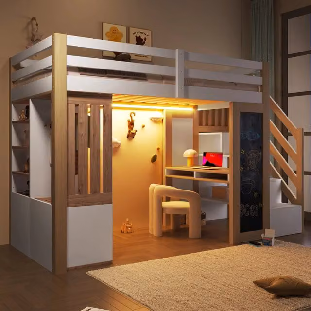 Letto a soppalco 90×200 cm con scrivania, armadio, mensole, scala con vano e LED, senza materasso, bianco naturale