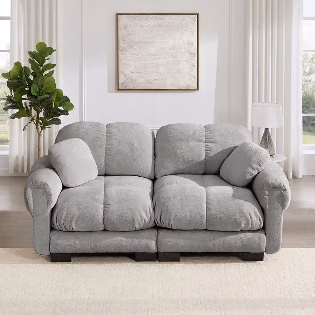 Divano 2 posti in tessuto chenille trapuntato ¨C Minimal ¨C grigio chiaro con cuscini imbottiti