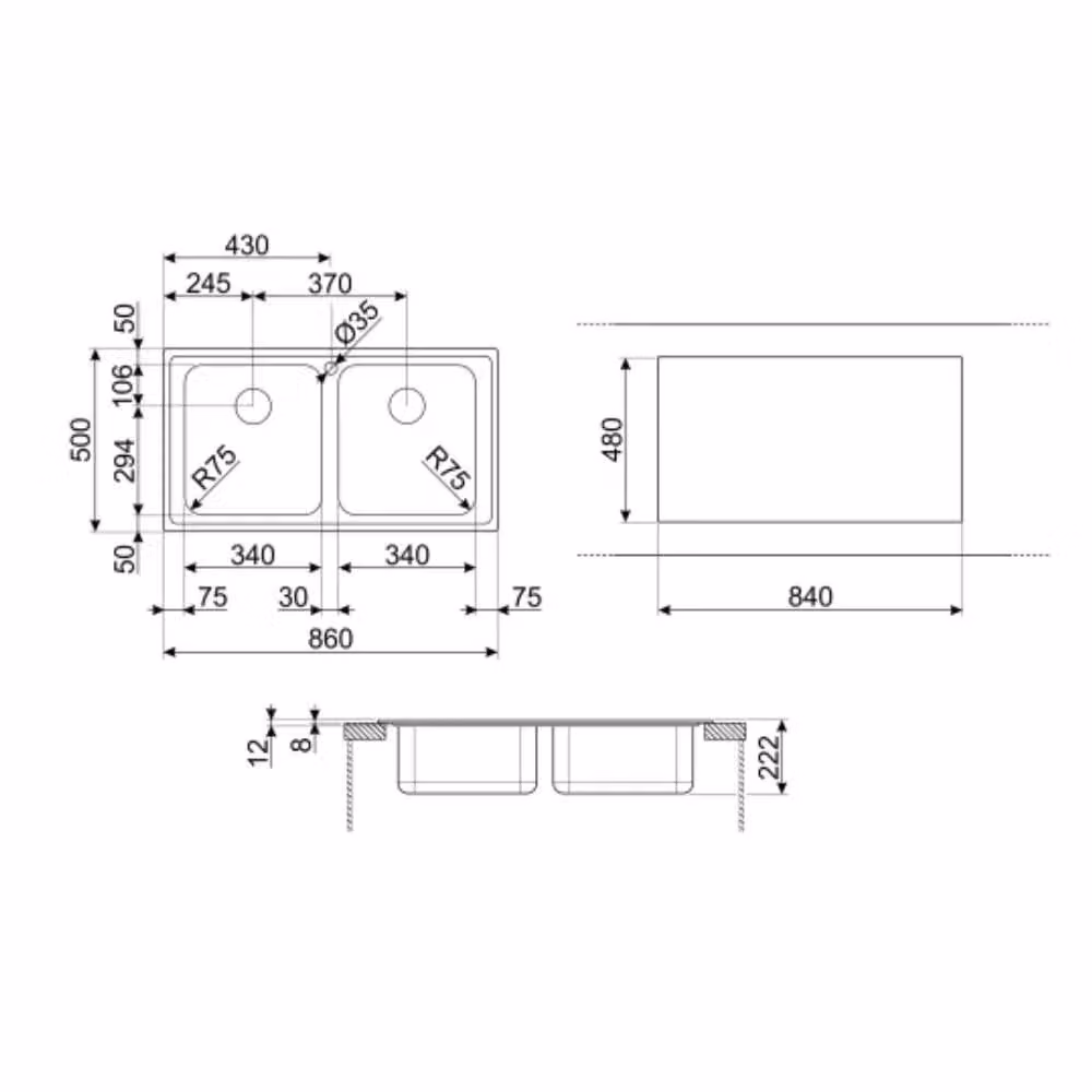 Lavello da incasso a 2 vasche Smeg LP8622 in acciaio inox spazzolato color argento L: 86 cm, P: 50 cm – 2