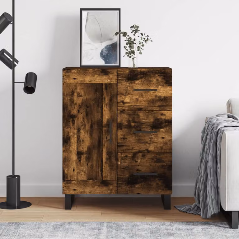 Credenza moderna vidaXL in legno multistrato e metallo, colore rovere fumo, L: 69,5 cm, P: 34 cm, H: 90 cm
