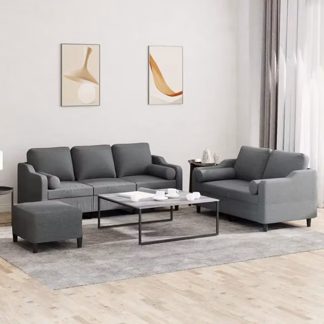 Set di divani moderno vidaXL composto da divano a 3 posti, divano a 2 posti e pouf, rivestito in tessuto grigio con cuscini inclusi