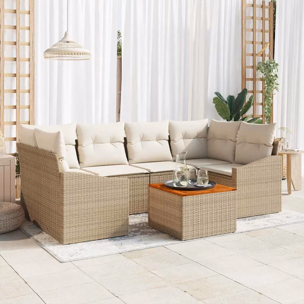 Set Divano da Giardino vidaXL 7 Pezzi a Forma di L con Tavolino, Colore Beige, Struttura in Acciaio e Polyrattan