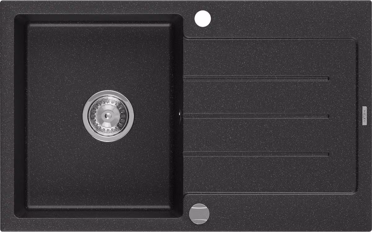 Mexen Bruno lavello in granito 1-vasca con sgocciolatoio 795 x 495 mm, nero/argento metallizzato, sifone cromo- 6513791010-73
