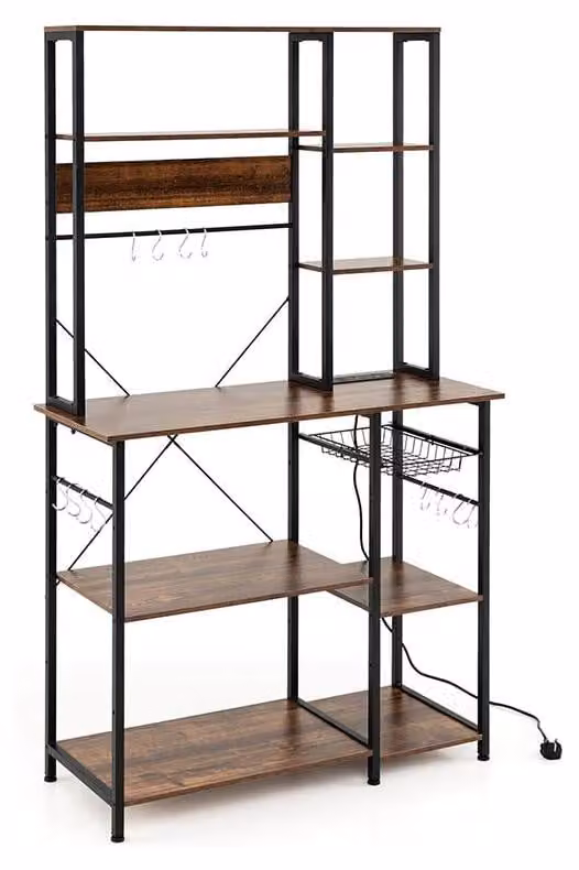 Mobiletto da cucina in legno marrone rustico, con 9 ripiani regolabili, 12 ganci a "S" e vano per il microonde