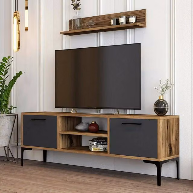 Mobile porta TV DMORA moderno in noce e antracite L: 140 cm, P: 30 cm, H: 48 cm