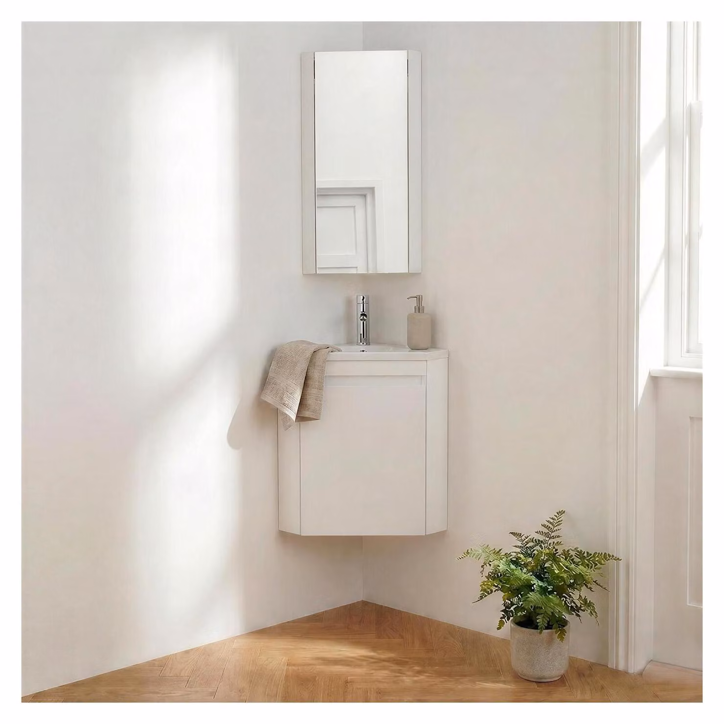 Set lavamani d'angolo sospeso, lavabo, rubinetto e pensile LISA