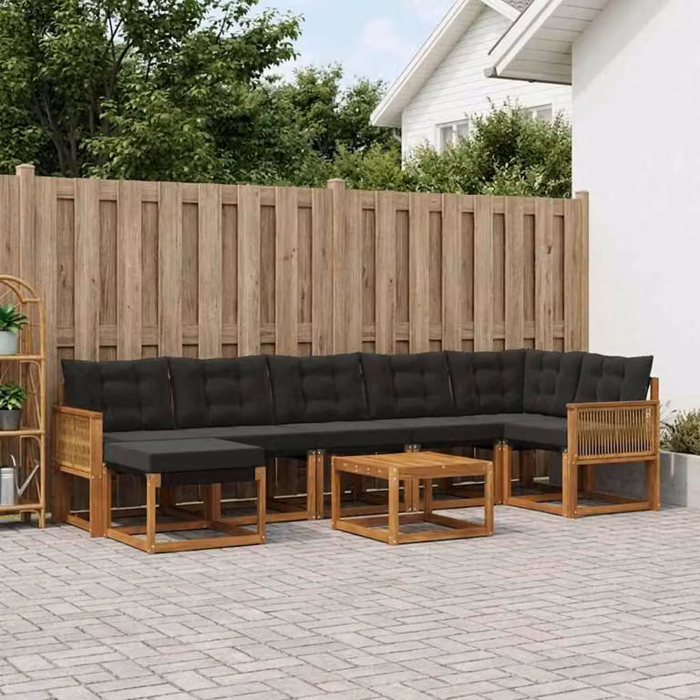 Set di divani da esterno vidaXL 8 pz in legno di acacia con tavolino e pouf, colore marrone e nero
