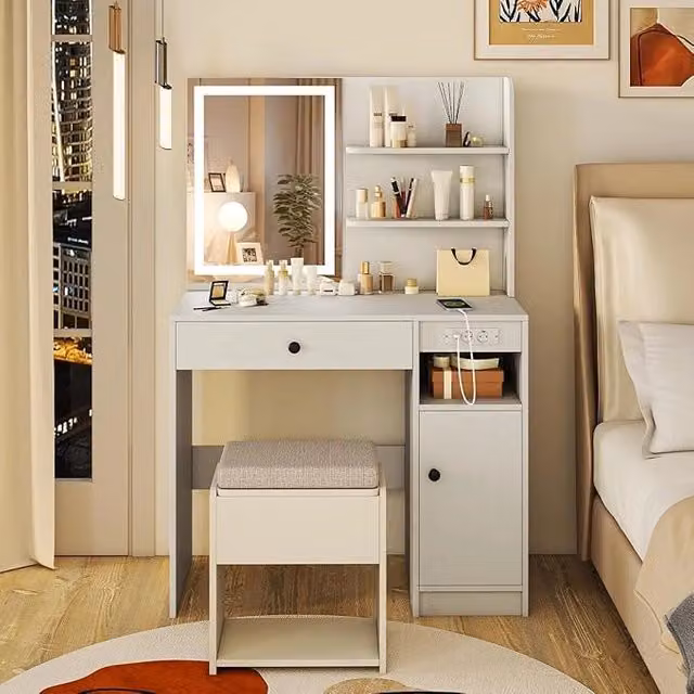 Set Toeletta COSTWAY con Sgabello e Luci LED a 3 Colori, Consolle con Stazione di Ricarica e Ripiano Regolabile, L/P/H: 90 x 40 x 135,5 cm – 1