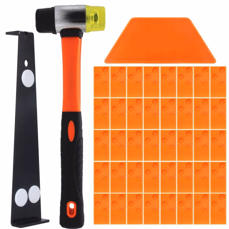 Kit di riparazione per pavimenti in laminato - 60 distanziatori - Martello rinforzato - Gomma resistente - Utensili per pavimenti - Facile da usare - Attrezzi per pavimenti