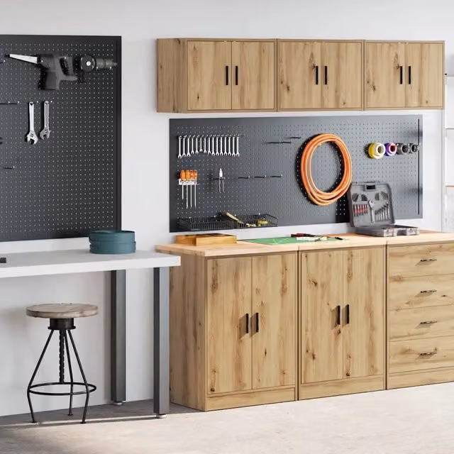 Set di 2 armadi da garage vidaXL in legno multistrato color rovere marrone