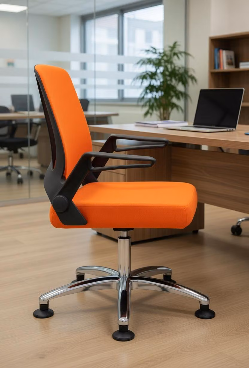 Sedia da ufficio moderna, color arancione, con schienale ergonomico e struttura in metallo