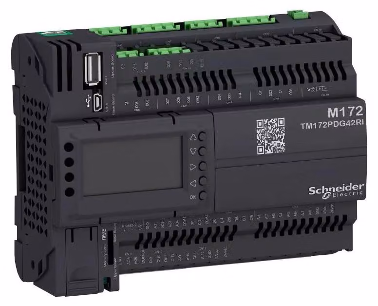 Controllore PLC Schneider Electric, Modicon M172 Performance, display, 42 I/O, Ethernet, Modbus, BACnet, Webvisu, 24 V CA/CC, isolato TM172PDG42RI