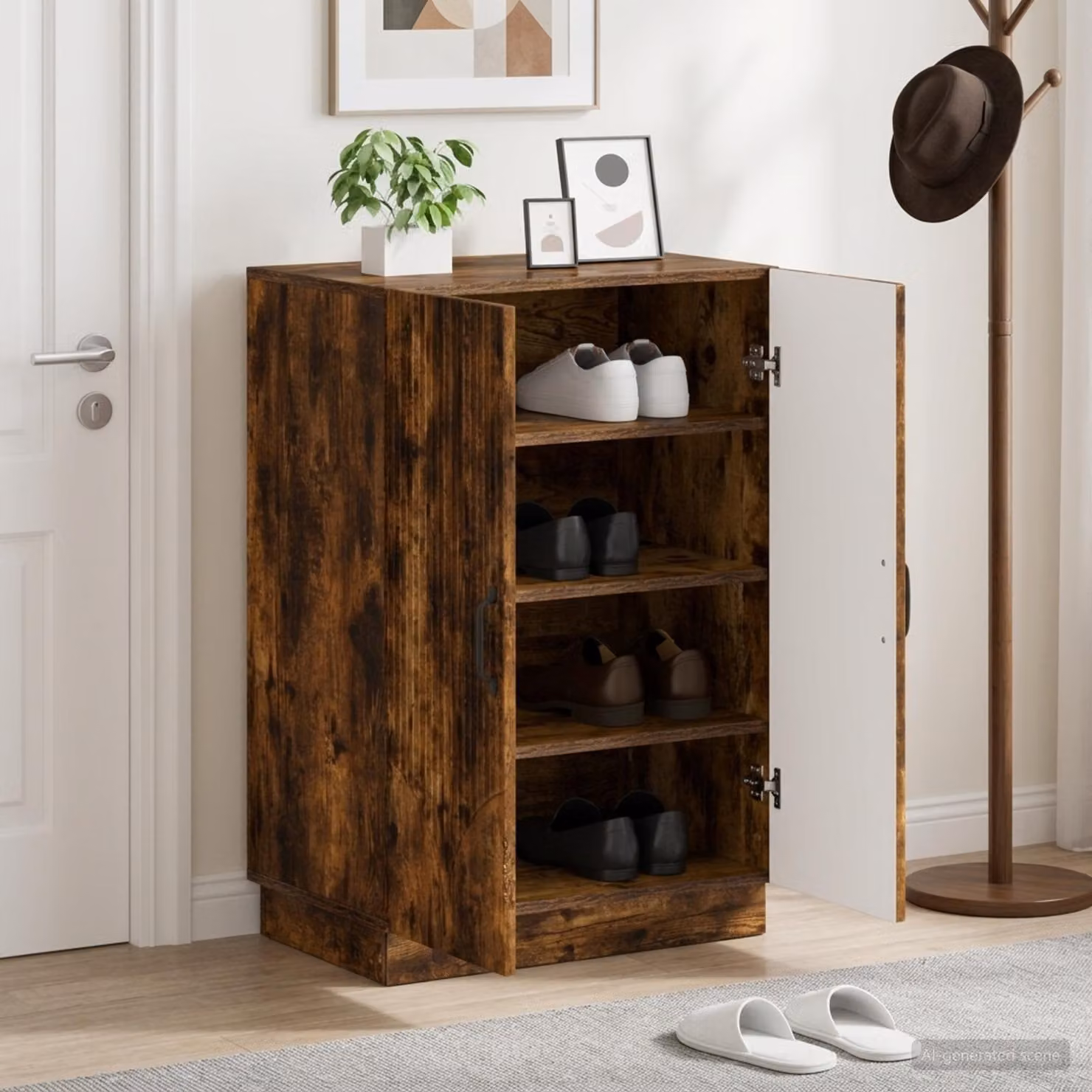 Mobile porta scarpe vidaXL HOORN in legno e metallo, Rovere Fumo, L: 59,5 cm, P: 39,5 cm, H: 87 cm