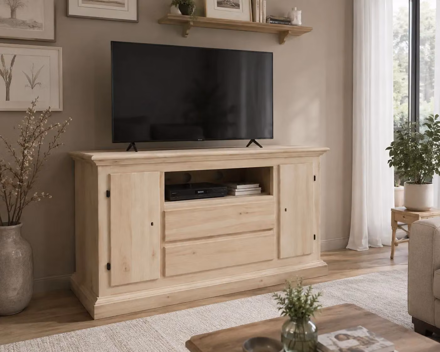 Porta TV Mobili 2G in legno di pioppo grezzo con 2 porte e 2 cassetti L/P/H: 110 x 45 x 68 cm – 2