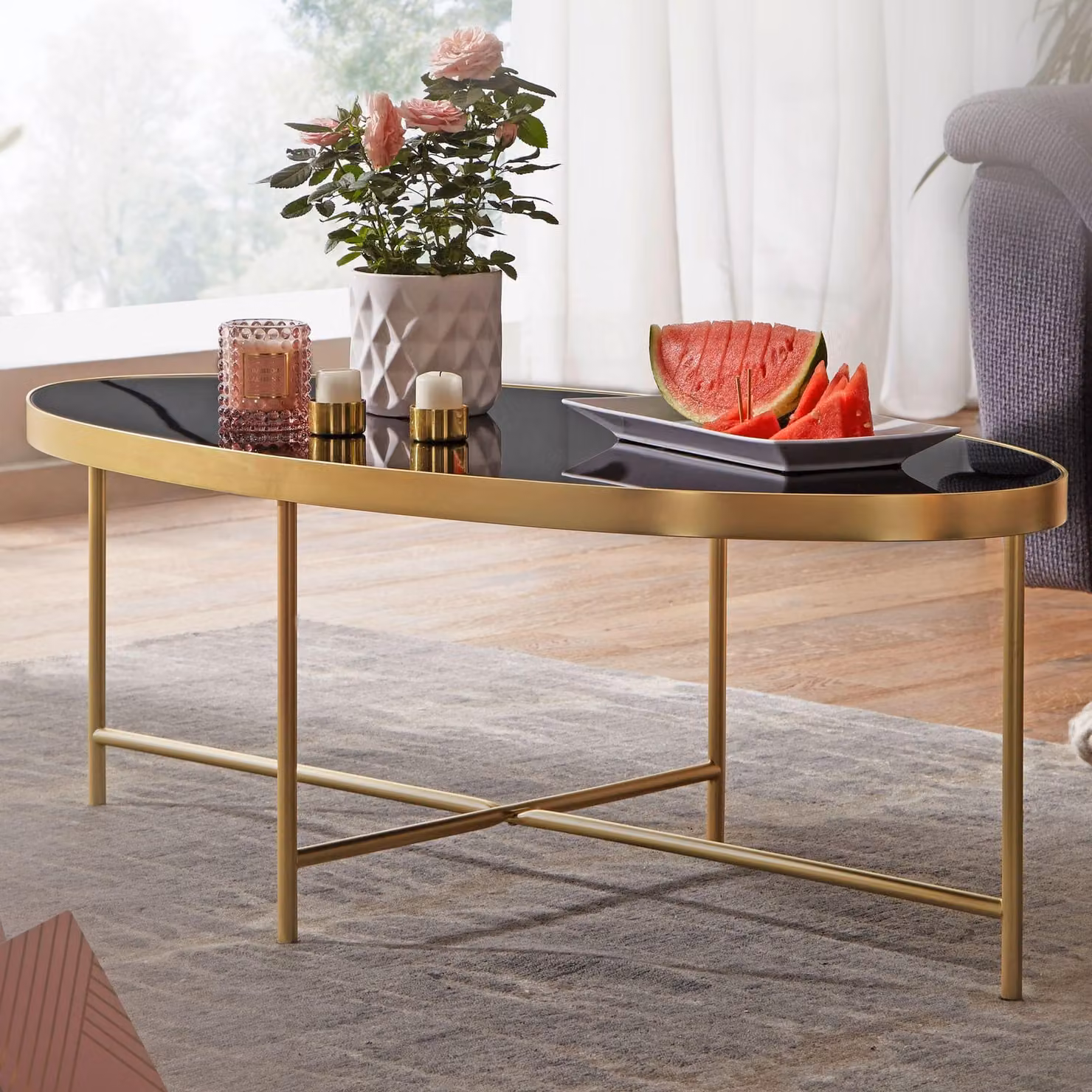 FineBuy Vetro nero - Ovale 110 x 56 cm con struttura in metallo dorato | Grande soggiorno | Tavolo da salotto tavolo in vetro