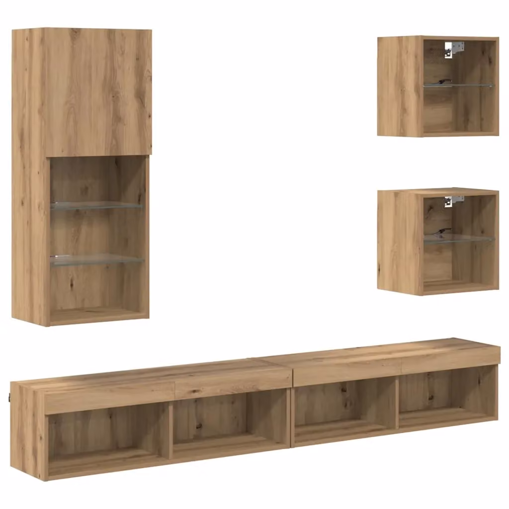 Unità a muro per TV vidaXL con illuminazione LED in rovere artigianale, set da 5 pezzi, marrone opaco – 2