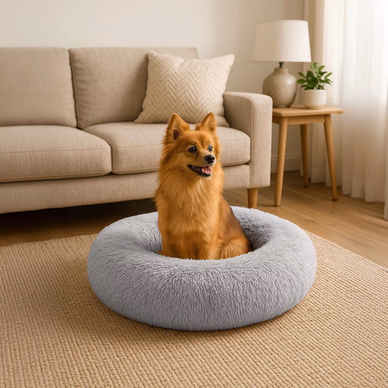 belviona donut dog bed, letto in peluche con soffice imbottitura, presa sicura e bordo ergonomico, diametro 60 cm, grigio chiaro