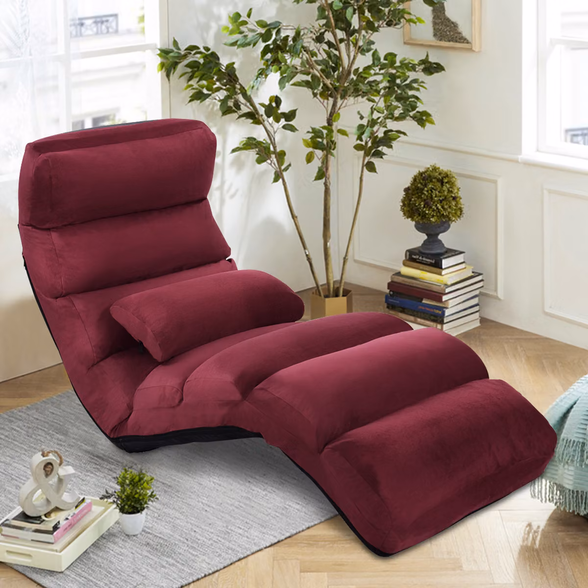Lettino relax regolabile in 5 posizioni, sedia da terra pieghevole con cuscino, poltrona reclinabile con funzione letto, portata massima 120 kg, poltrona relax (colore vino)