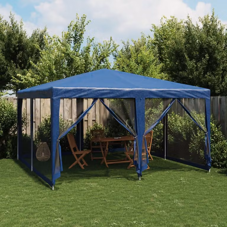 vidaXL Tenda per Feste Blu con 8 Pareti Laterali in Rete L: 4 x P: 4 m