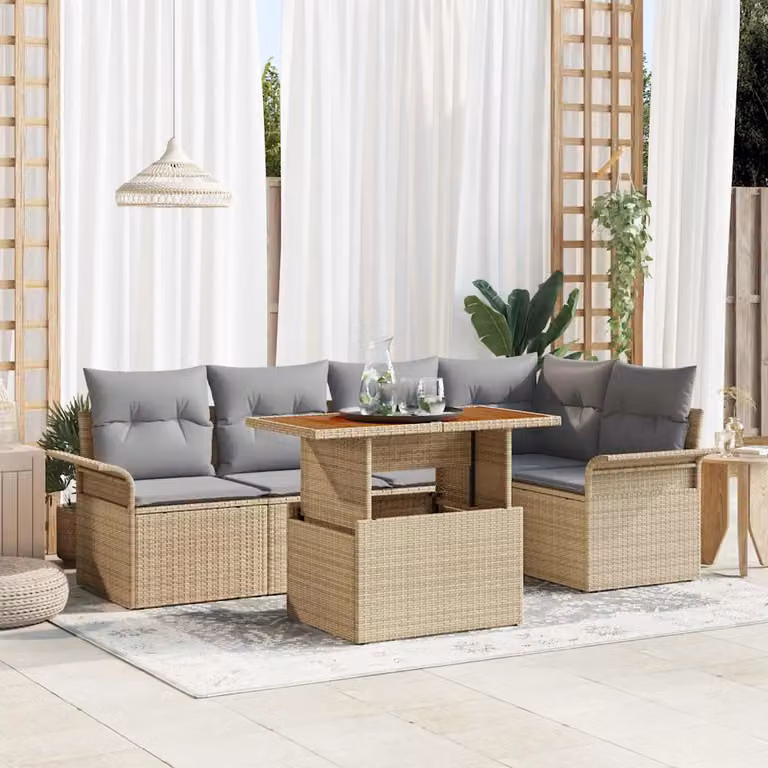 Set Divano da Giardino vidaXL 6 pz in Polyrattan con Cuscini Beige e Grigio