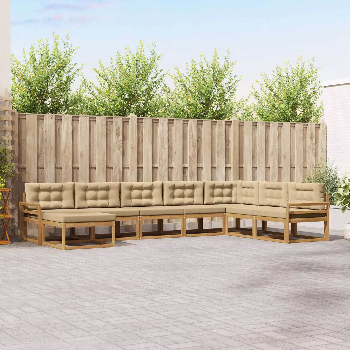 vidaXL Set di divani da esterno a forma di U composto da 8 pezzi in legno di acacia con cuscini, Bianco e Beige