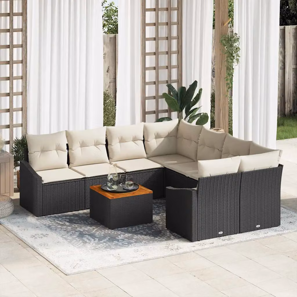 Set Divano da Giardino a L vidaXL in Polyrattan Nero con Cuscini e Tavolino da Esterno – 1