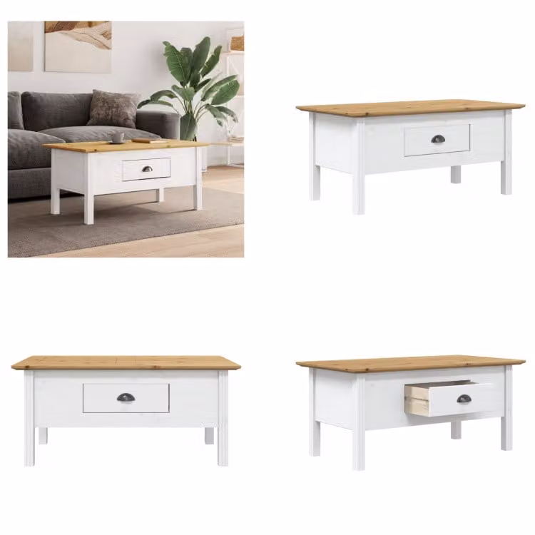 vidaXL Tavolino BODO Bianco e marrone 100x55x45 cm in legno di pino massiccio - Tavolino - Tavoli da caffè - Tavolino - Tavolo da divano