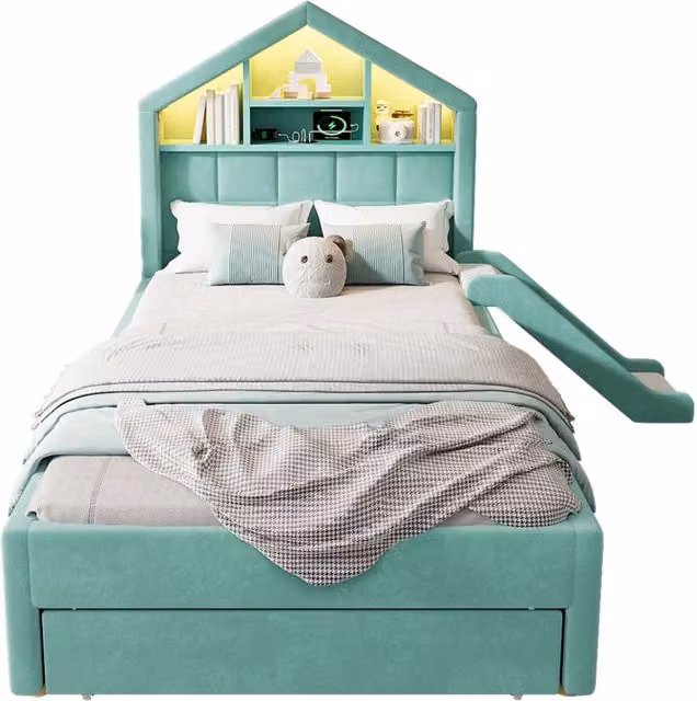 Letto per bambini 90 × 200 cm con scivolo, LED, presa di ricarica e cassetto, senza materasso, blu verde