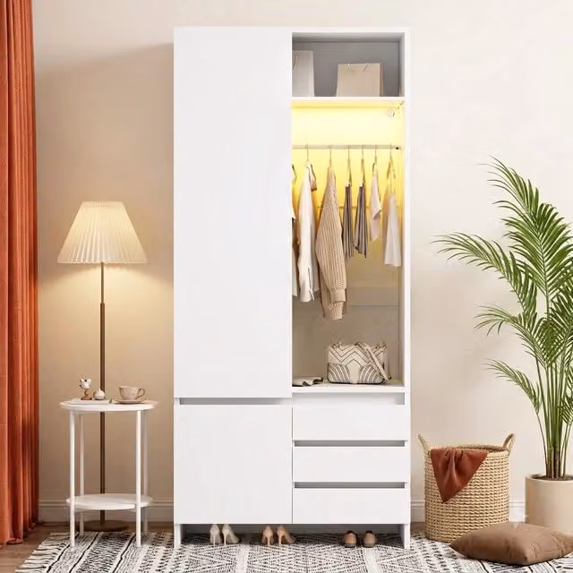 Armadio guardaroba 90x50x200 cm; ante a battente; cesto portabiancheria; LED; asta appendiabiti; 3 cassetti; contenitore multifunzione; MDF; bianco