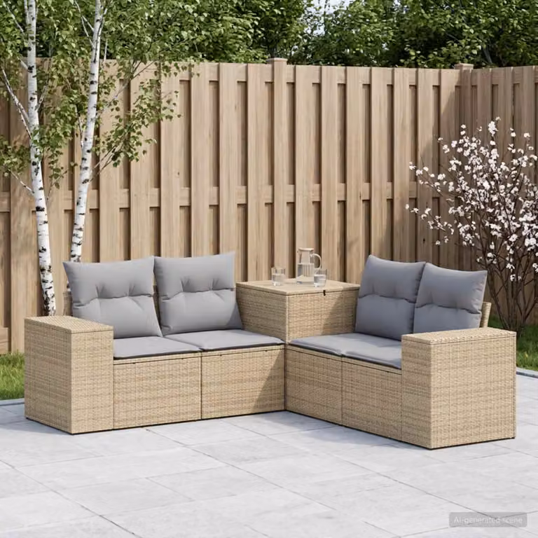 vidaXL Set di divani da giardino a forma di L in rattan e metallo, 5 pezzi, Beige e Grigio Chiaro