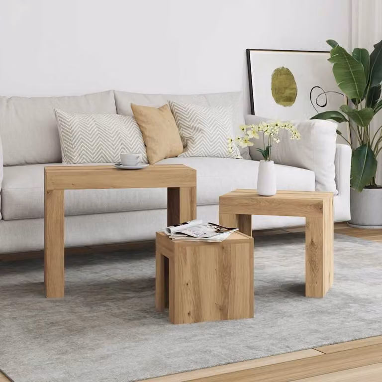 Set di 3 tavolini impilabili vidaXL moderni in legno color marrone con piano rettangolare e finitura opaca