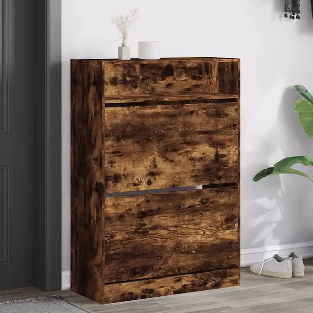 Scarpiera moderna vidaXL con 2 scomparti ribaltabili in legno marrone, sospesa a parete, L: 80 cm, P: 34 cm, H: 116 cm – 1