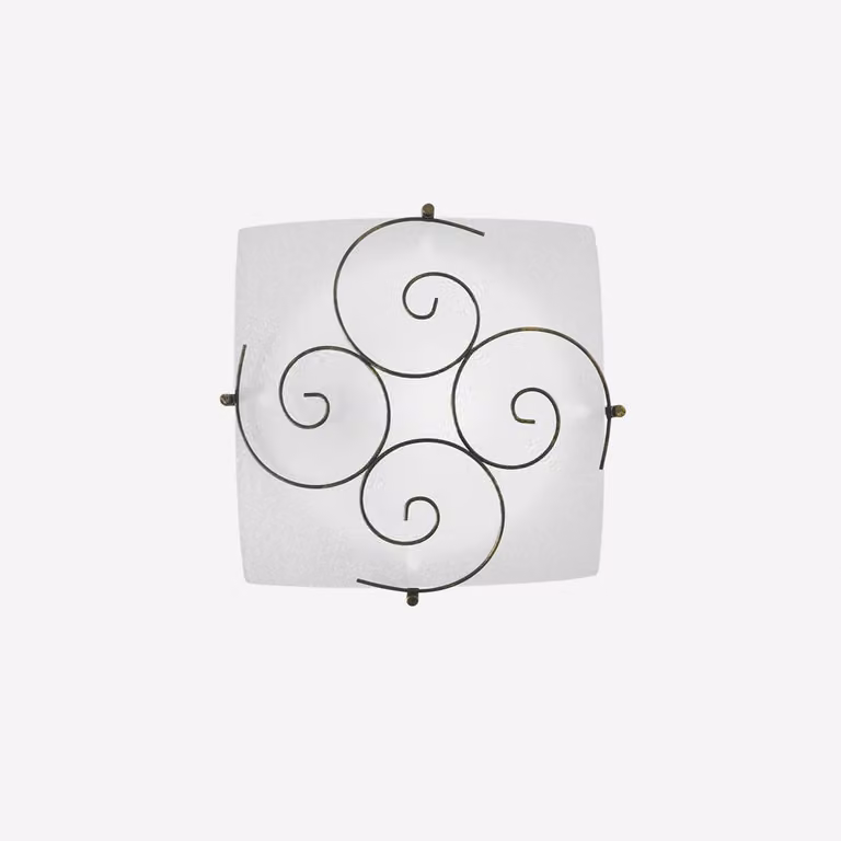 Lampada a sospensione RICCIOLO, realizzata in vetro bianco con decorazioni in metallo color ruggine, dimensioni 30x30 cm.