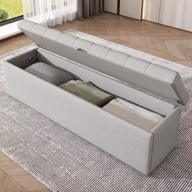 Panca imbottita in lino grigio chiaro con vano portaoggetti, 141x41,5x47 cm