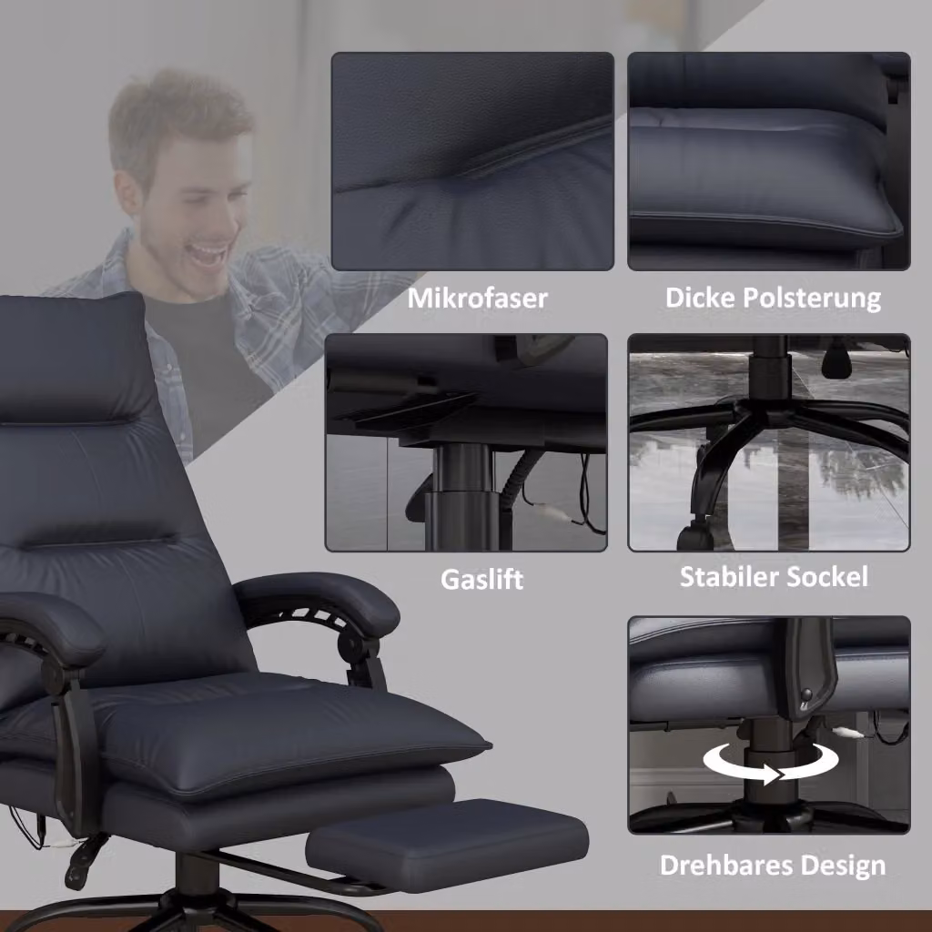 Sedia da ufficio girevole REDOM con funzione massaggio e riscaldamento, grigio, con poggiatesta e poggiapiedi – 2