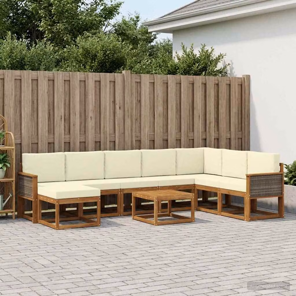 vidaXL Set di divani da esterno moderno a L in legno di acacia con cuscini, colore marrone e beige, 9 pezzi